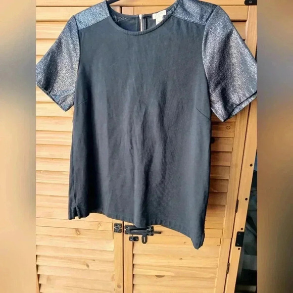 J Crew T-shirt in Black with Metallic Sleeves - Picture 1 of 5